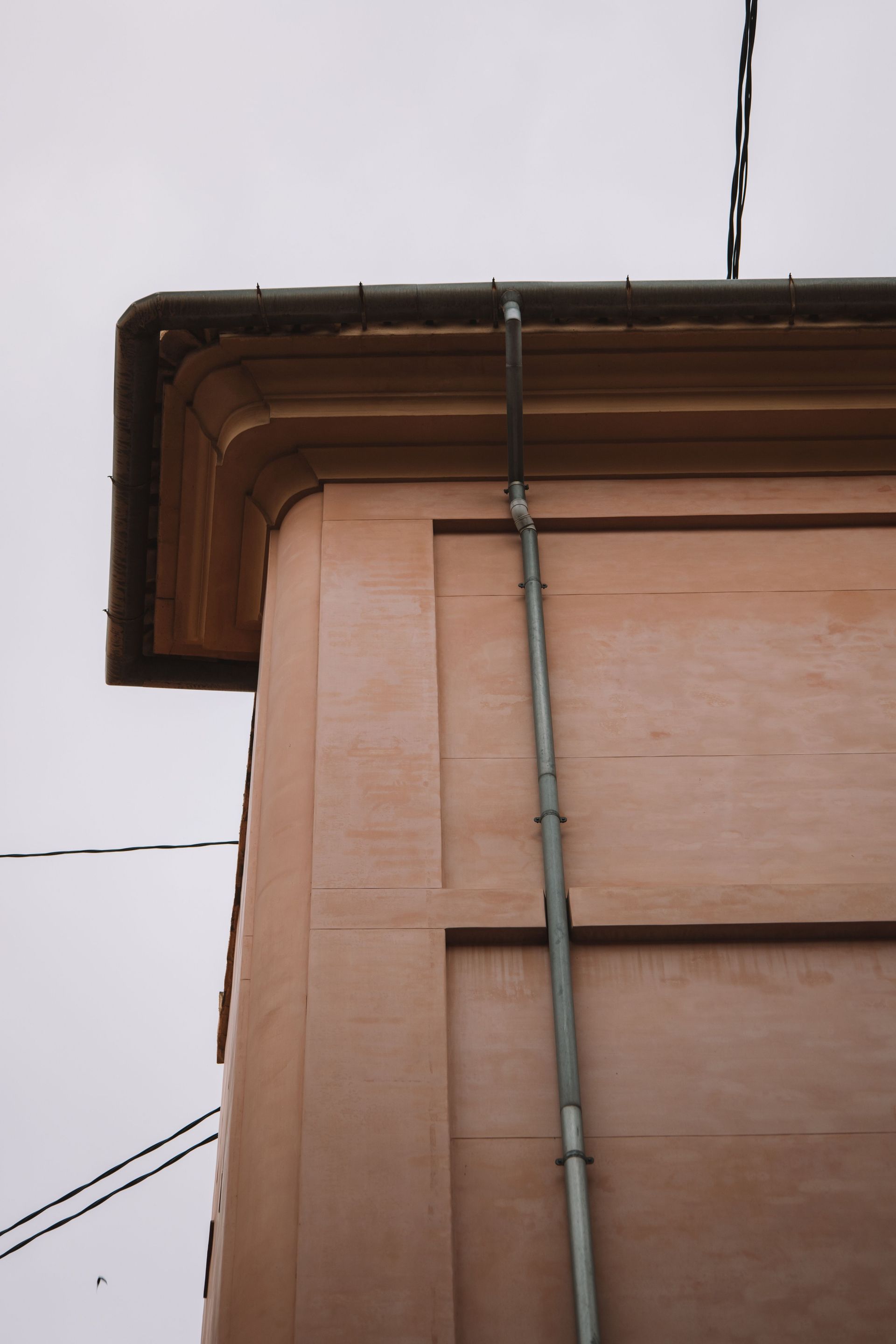 Corner of a brown building with a roof eave and a vertical downspout against a gray sky
