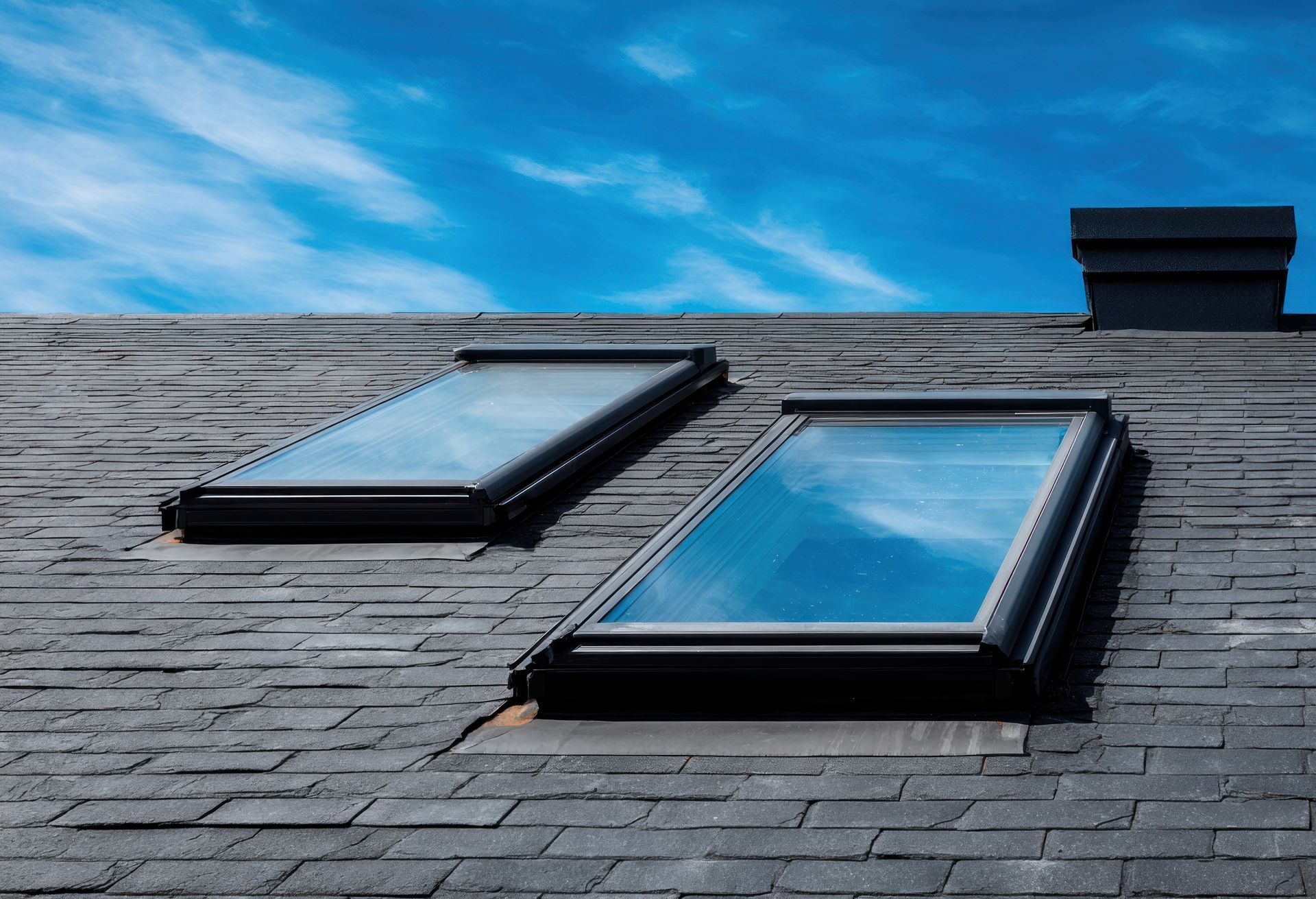 Two skylights on a dark shingle roof with a blue sky and chimney in the background. Two skylights on a dark shingle roof with a blue sky and chimney in the background.