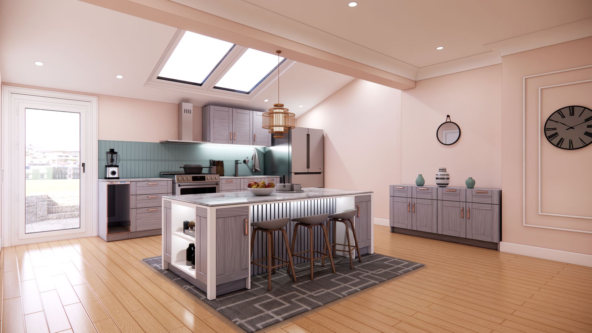 Sunlight streaming through a ceiling skylight into a bright modern kitchen.