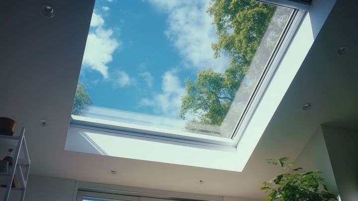 View of a skylight with sky and trees outside. View of a skylight with sky and trees outside.