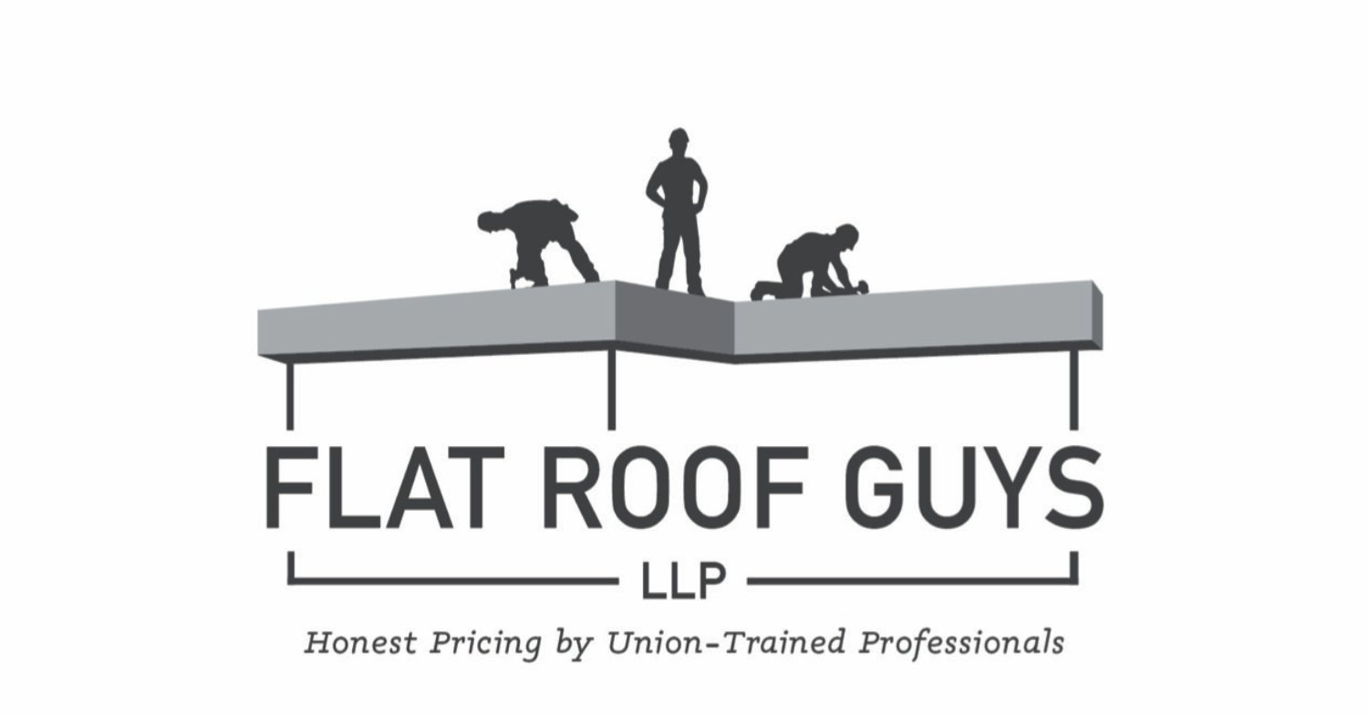 Logo: flat roof with three silhouettes. Text reads "FLAT ROOF GUYS LLP" with tagline "Honest Pricing by Union-Trained Professionals".