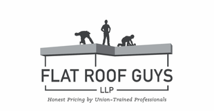 Logo: flat roof with three silhouettes. Text reads "FLAT ROOF GUYS LLP" with tagline "Honest Pricing by Union-Trained Professionals".