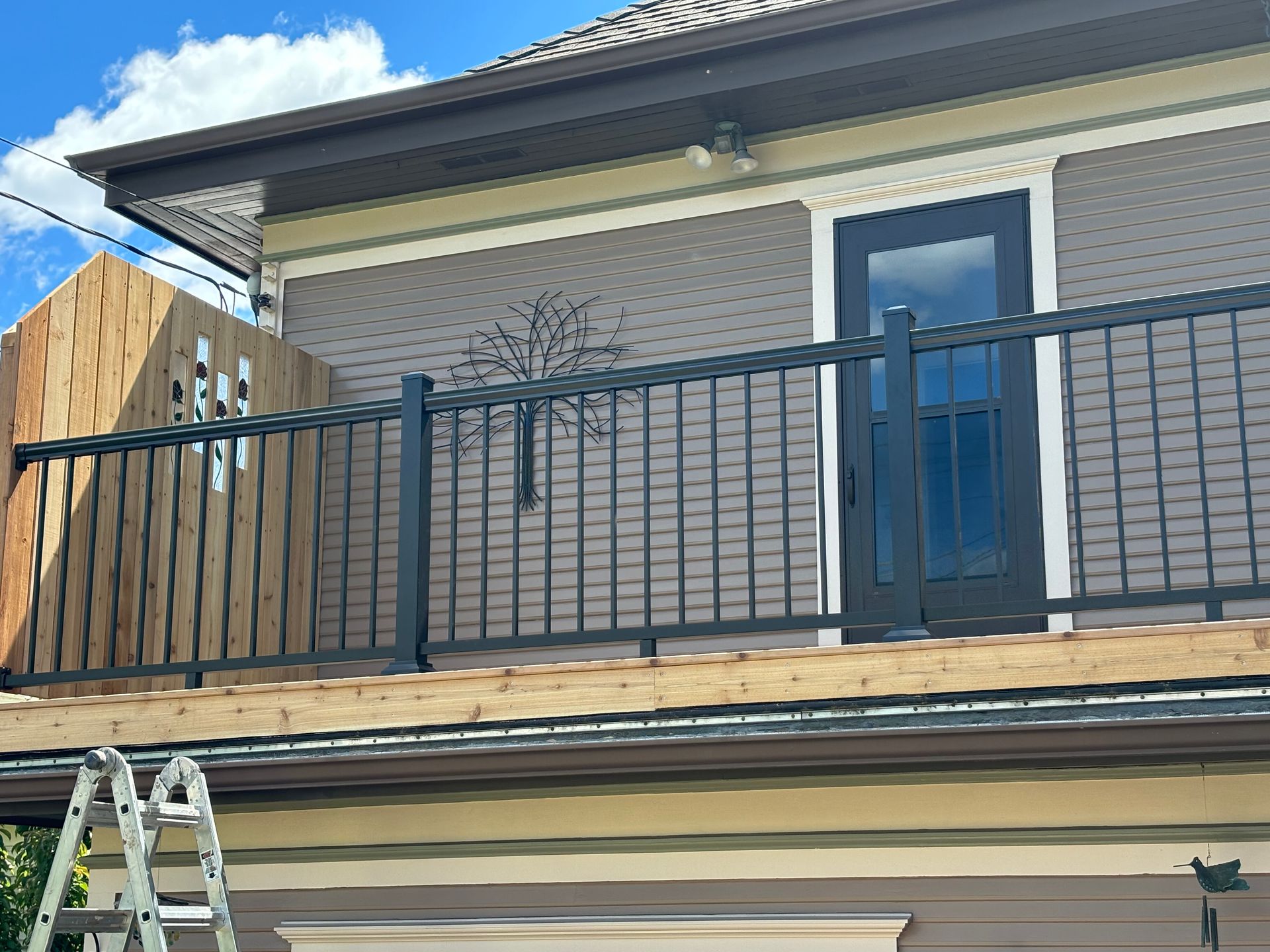 Black railing surrounds a deck with a black door and wooden fence.