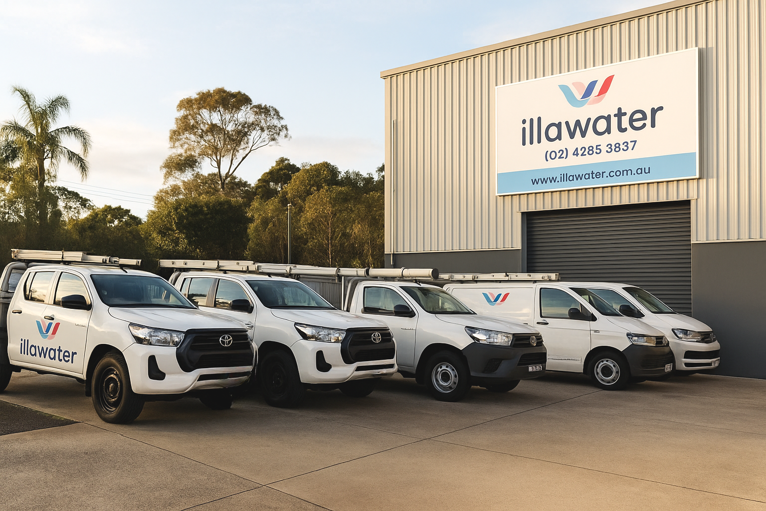 Five White Illawater Company Vehicles Parked Outside the Building — Illawater Hot Water Services in East Corrimal, NSW