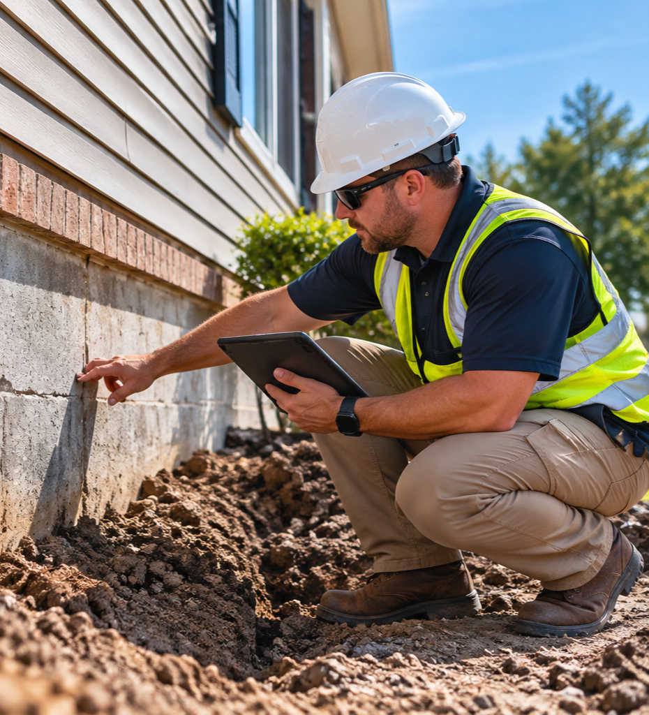 Worker in hard hat and safety vest inspecting a building foundation with a tablet.
