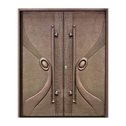 A close up of a double door with a handle on a white background.