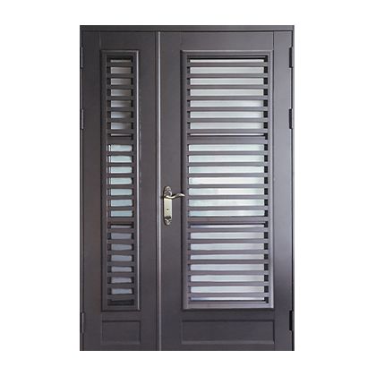 A close up of a door with shutters on it on a white background.