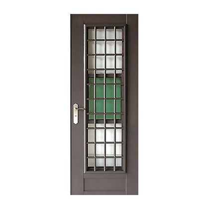 A close up of a door with a window and a handle on a white background.