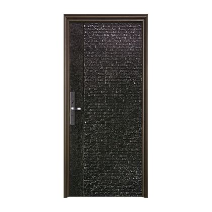 A black door with a brick pattern and a handle on a white background.