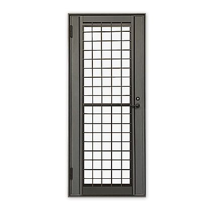 A black door with squares on it on a white background.