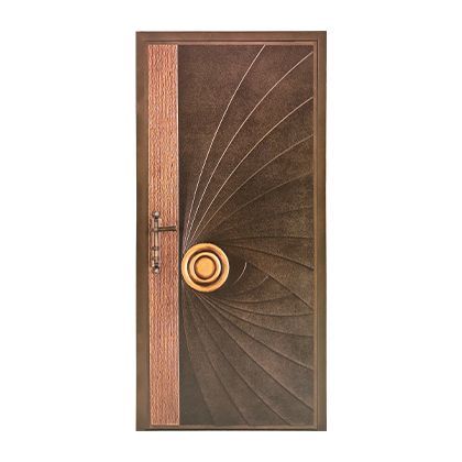 A brown door with a wooden frame and a gold handle on a white background.