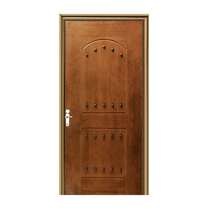 A wooden door with a white handle on a white background