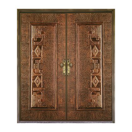 A brown double door with a gold handle on a white background.
