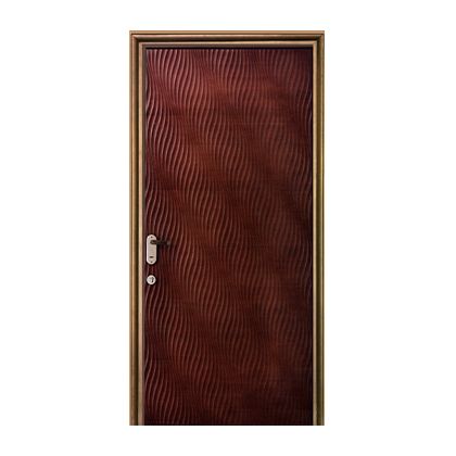 A brown door with a gold frame and handle on a white background.