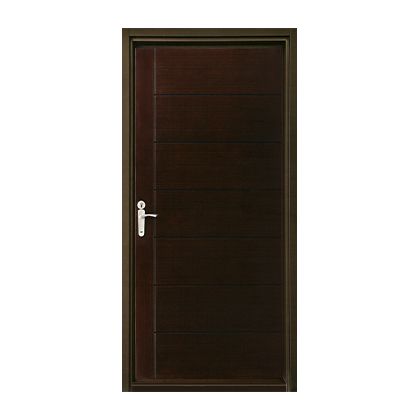 A brown door with a white handle on a white background.
