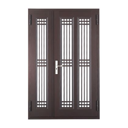 A double door with a stainless steel frame and a stainless steel handle on a white background.