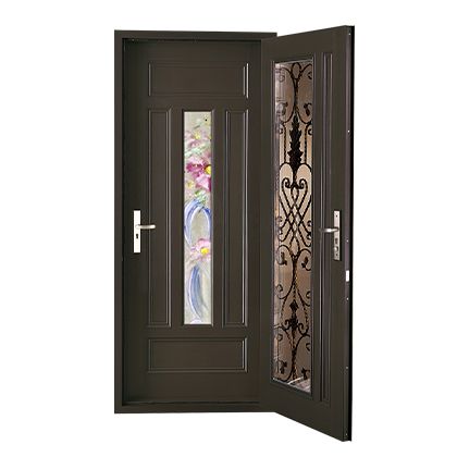 A brown door with a stained glass window and a wrought iron design.