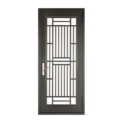 A black wrought iron door with a handle on a white background.