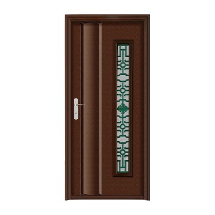 A brown door with a green window and a handle on a white background.