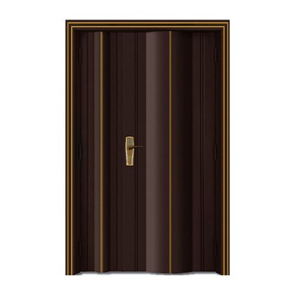A brown door with a gold trim on a white background.
