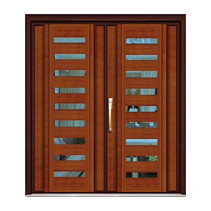 A pair of wooden doors with glass panels on a white background.