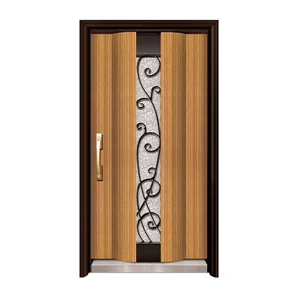 A wooden door with a wrought iron design on it.