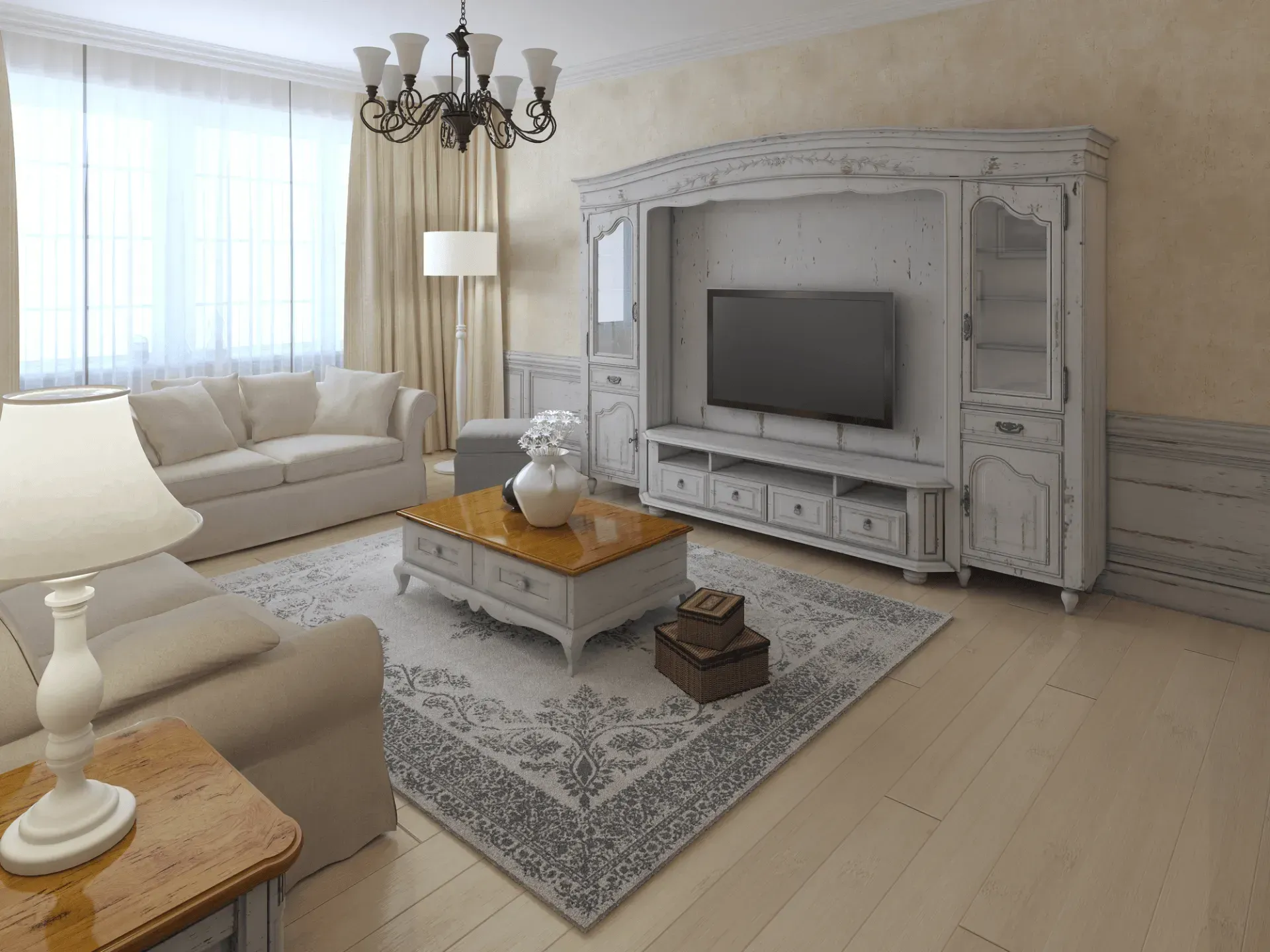 A living room with a couch, coffee table, and television