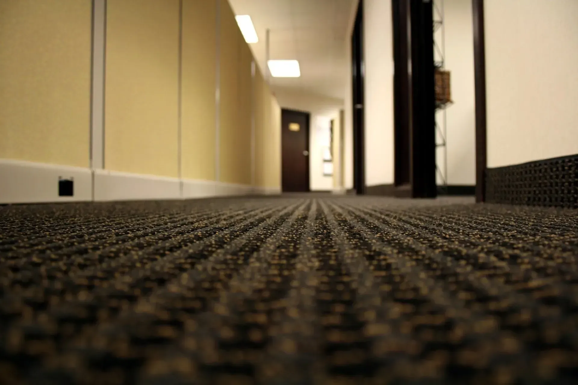 A hallway with a carpeted floor and a door in the background
