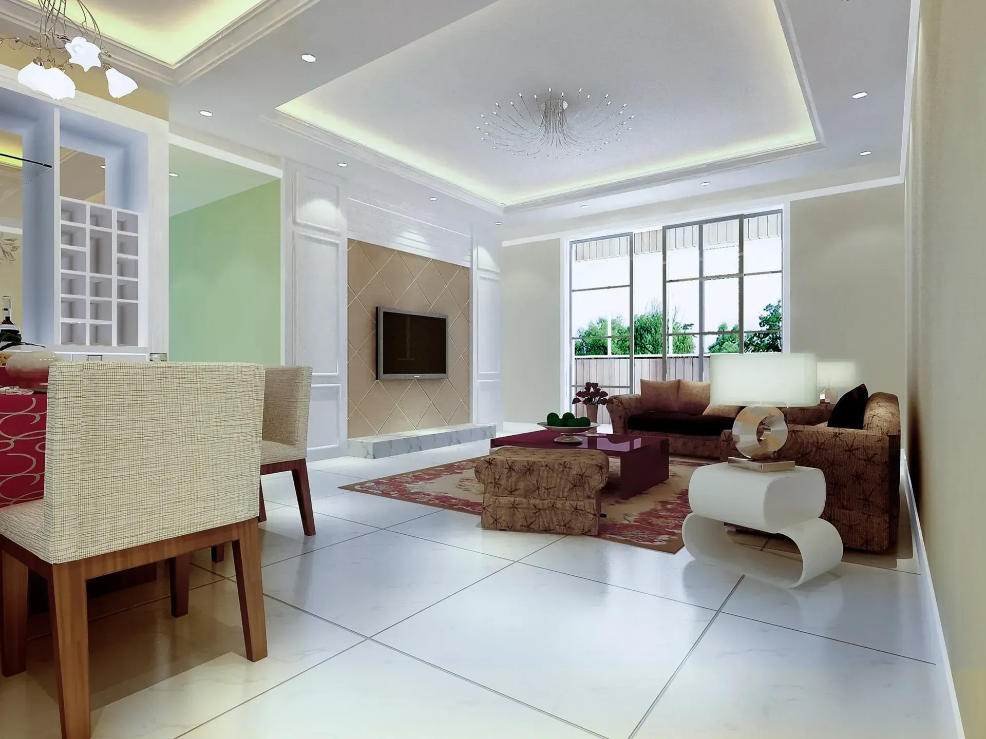A living room with a couch, table, chairs and a television