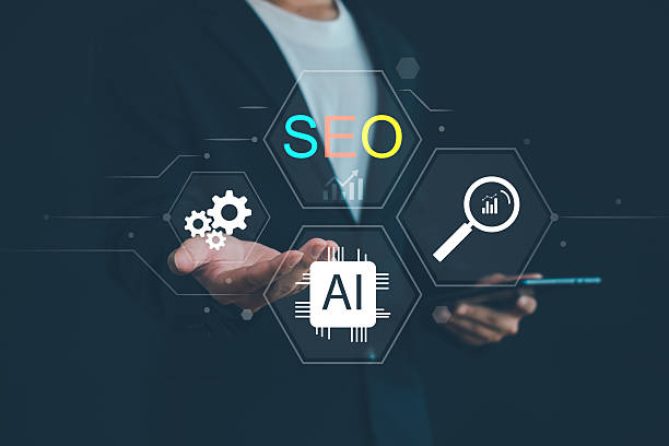 Businessperson holding a tablet with SEO, AI, and gear icons on a dark digital background