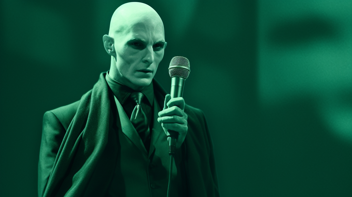 Green-tinted figure in dark robes holding a microphone on a dim stage