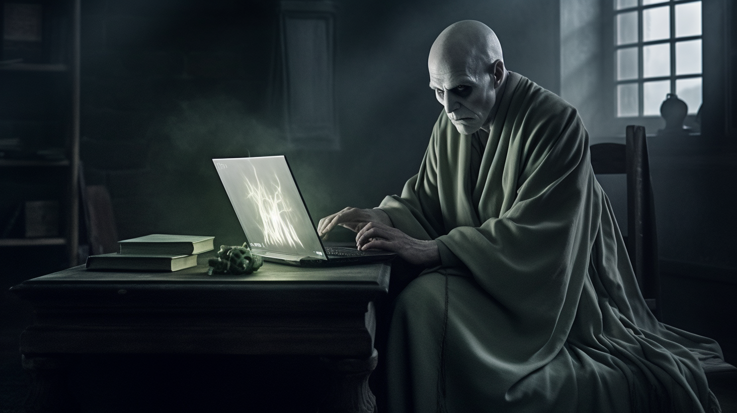Person in a robe working on a glowing laptop at a desk in a dim room