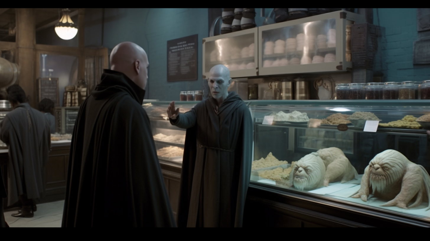 Two cloaked figures in a dim shop, one pointing at preserved heads in glass display cases.