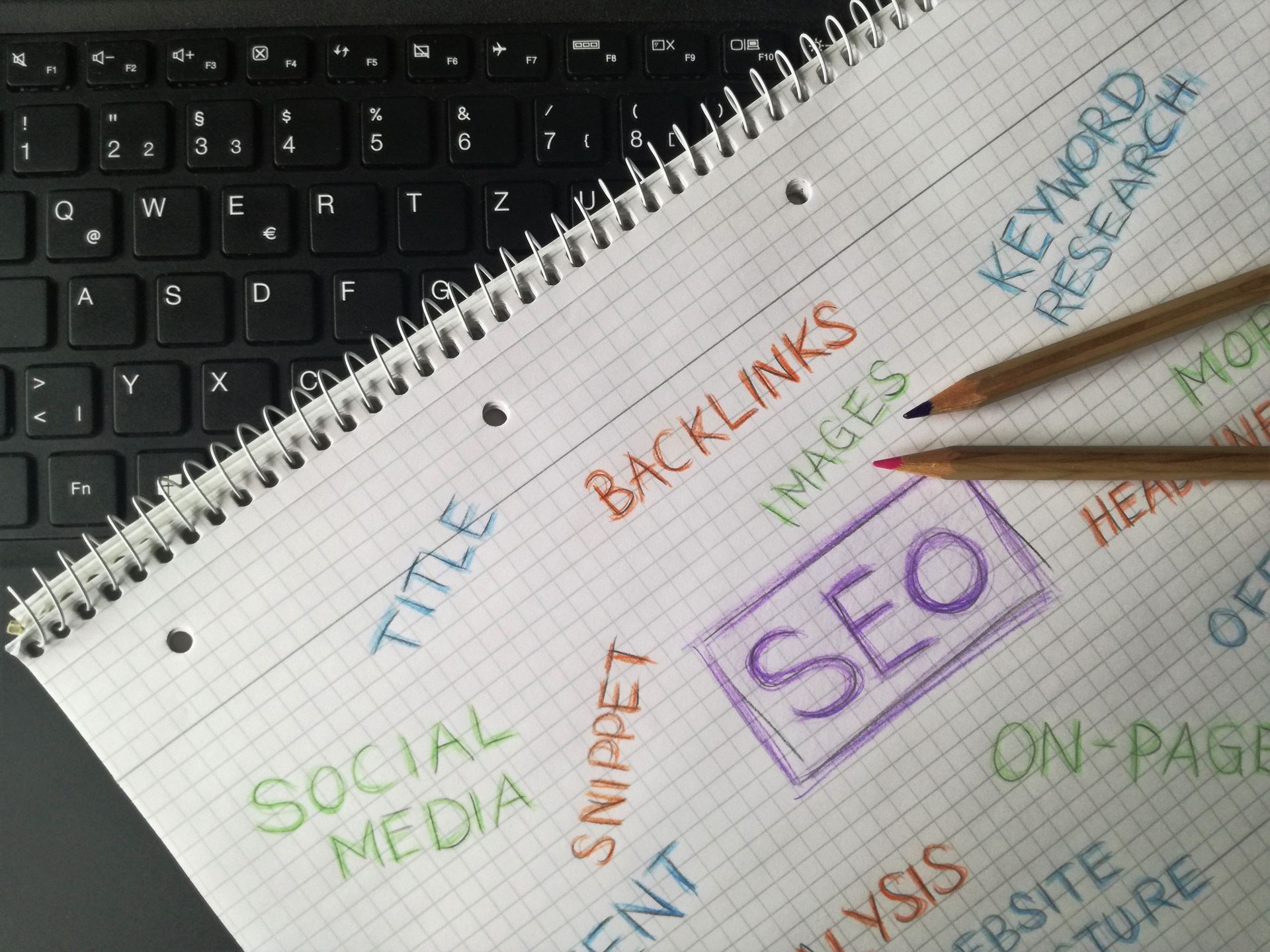 Notebook with colorful SEO-related words and pencils beside a computer keyboard