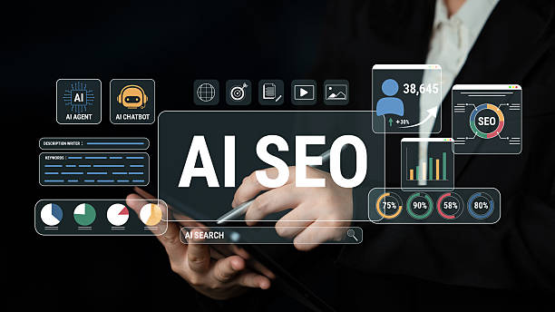 AI SEO dashboard with analytics icons and charts over a person holding a tablet