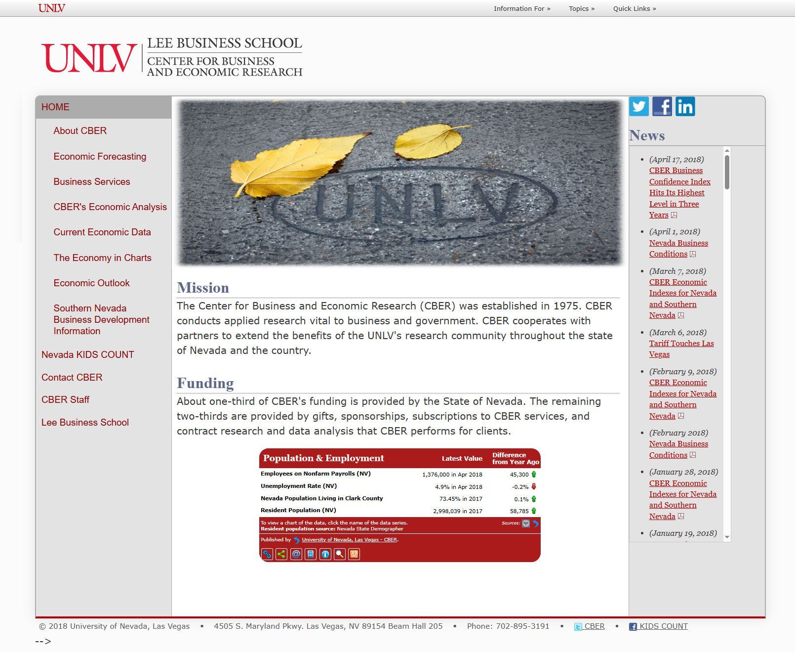UNIV university homepage with yellow leaves banner, navigation menu, and red news panel