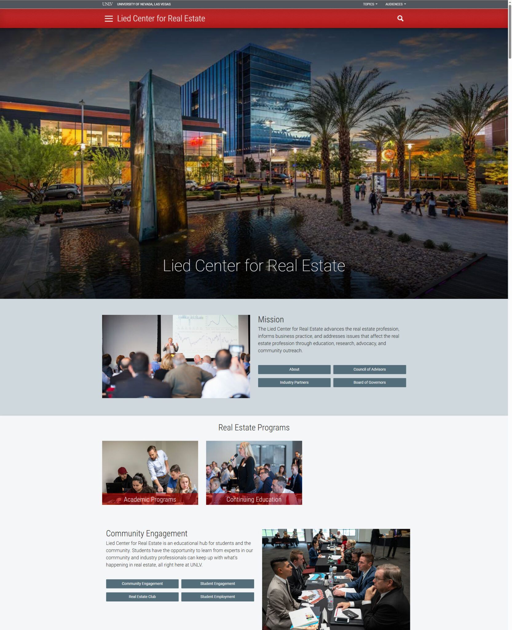 Modern building at dusk with palm trees and courtyard, with smaller event photos and text blocks below