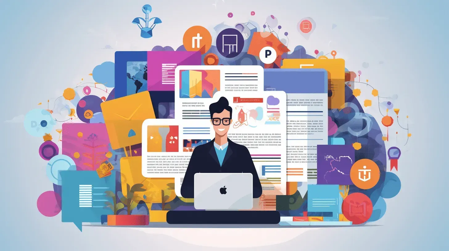 Person working on a laptop with colorful digital app and website icons floating around them
