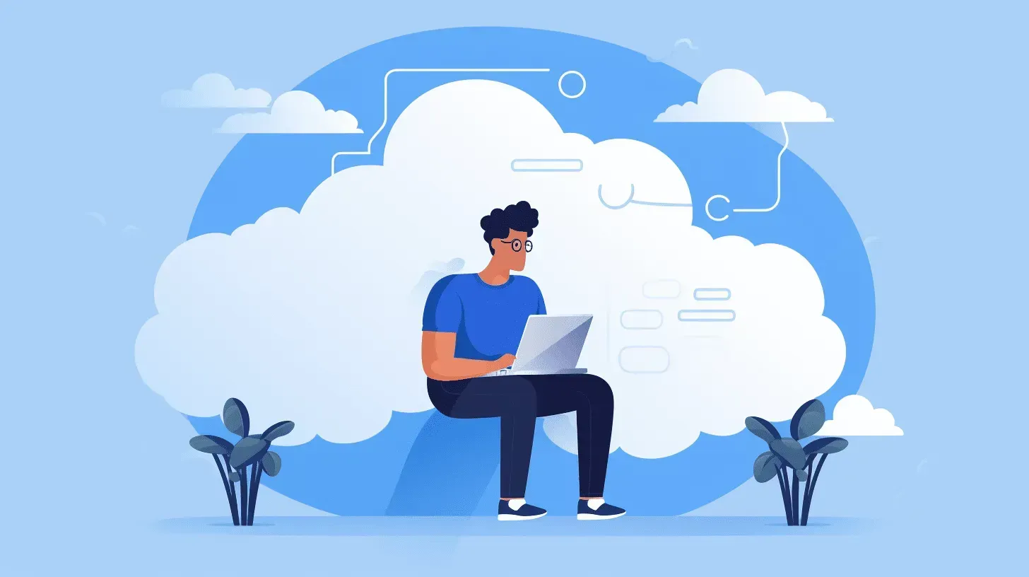Person using a laptop while seated on a chair in front of a large cloud, with a blue sky and plants.