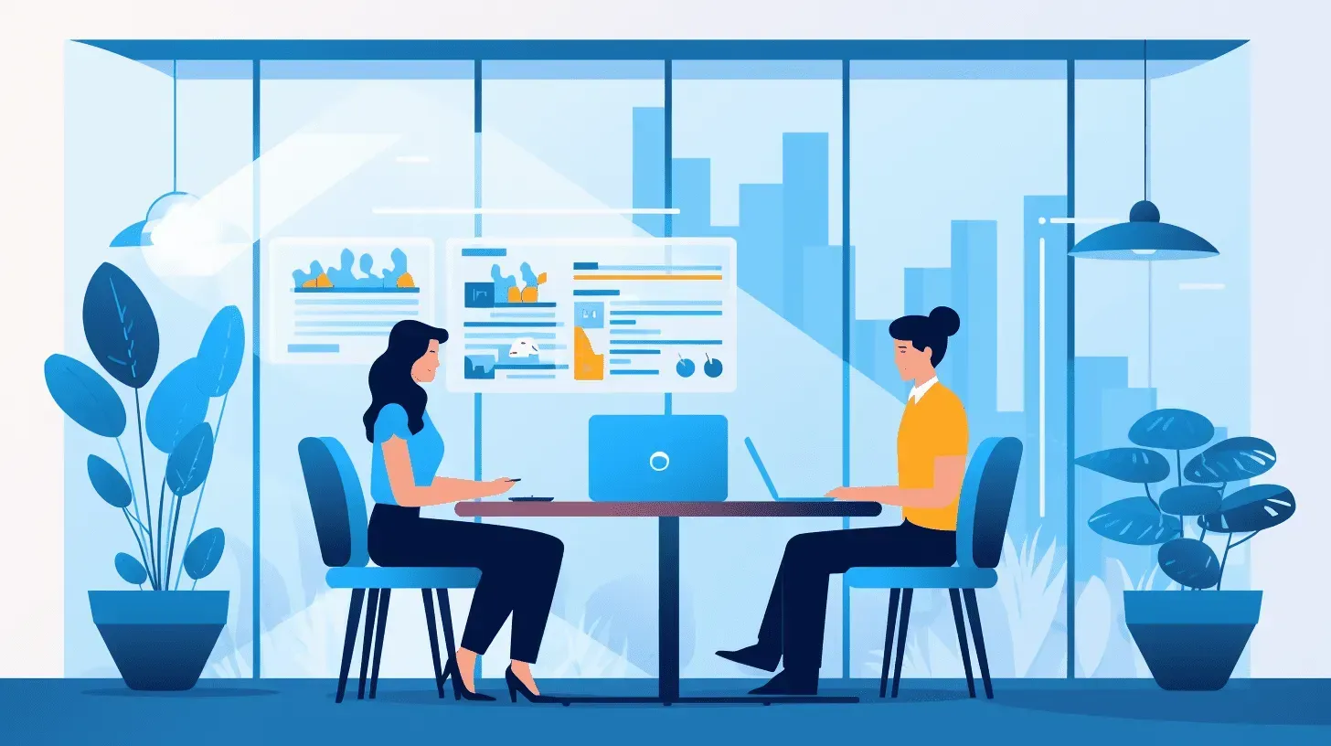 Two people meeting at a desk in a bright office with city skyline views and blue decor