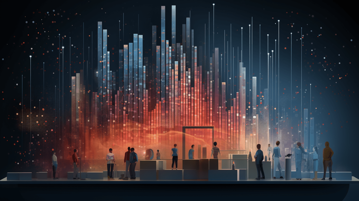Silhouetted people view a glowing red-and-blue digital city skyline display at night
