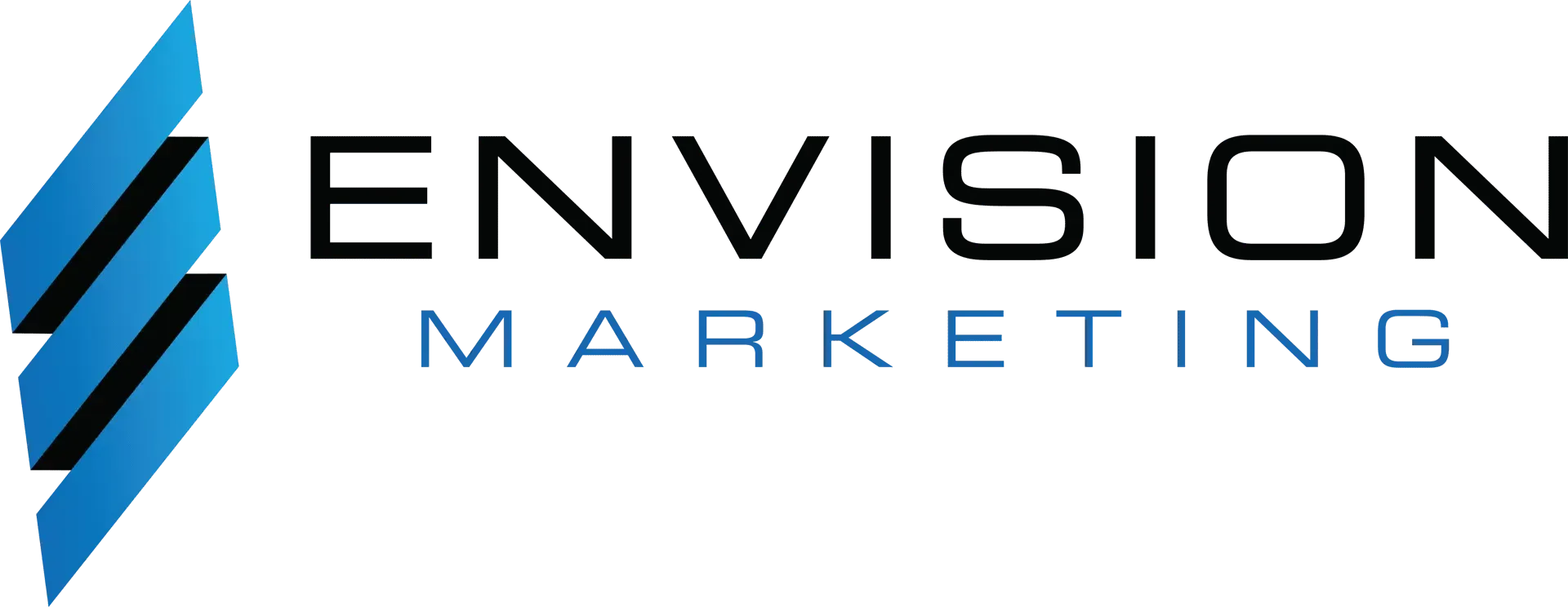 Envision Marketing logo with blue geometric icon and black and blue text on white background
