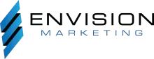 Envision Marketing logo with blue geometric icon and black and blue text on white background