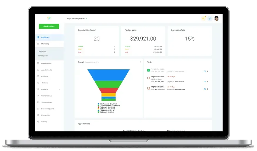 Analytics dashboard on a laptop screen with charts, stats, and a colorful sales funnel graph