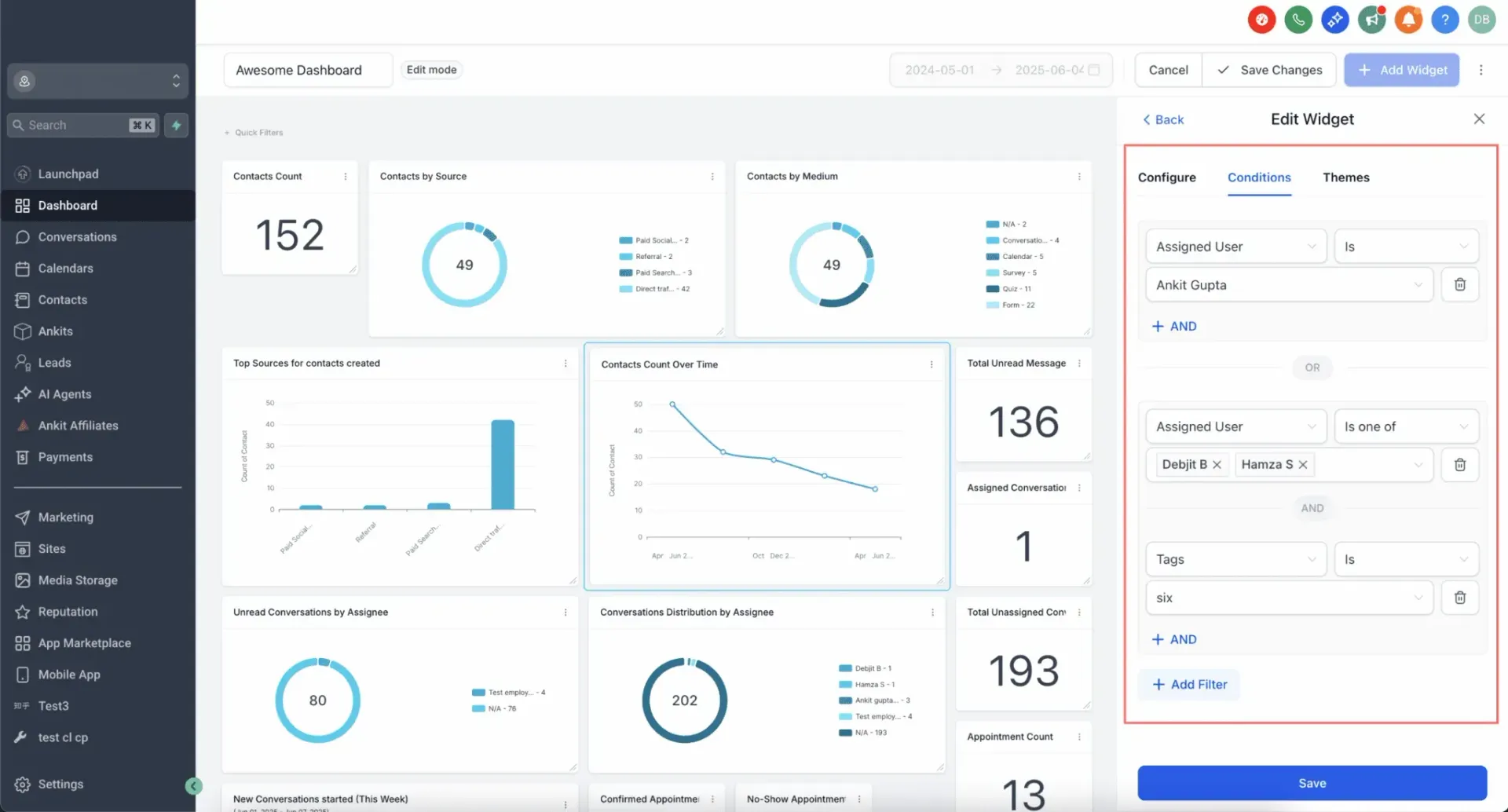 Analytics dashboard with charts, KPI cards, and a right-side filter panel
