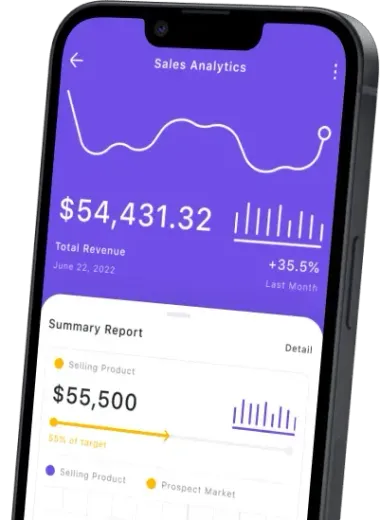 Purple sales analytics app screen showing revenue charts and summary report on a smartphone