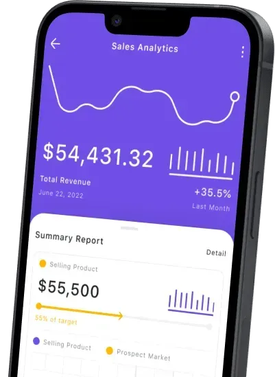 Purple sales analytics mobile app screen with revenue charts and summary report figures
