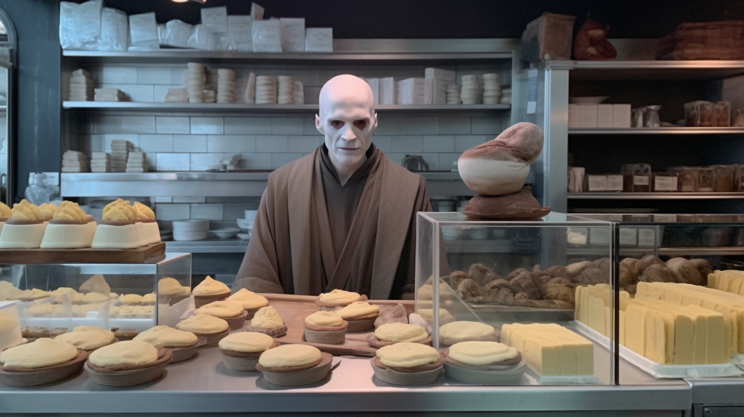 Person standing behind a bakery counter with assorted pastries and bread loaves displayed in front.