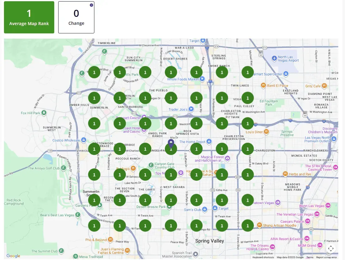 Green location markers on a city map showing a clustered route or coverage area.