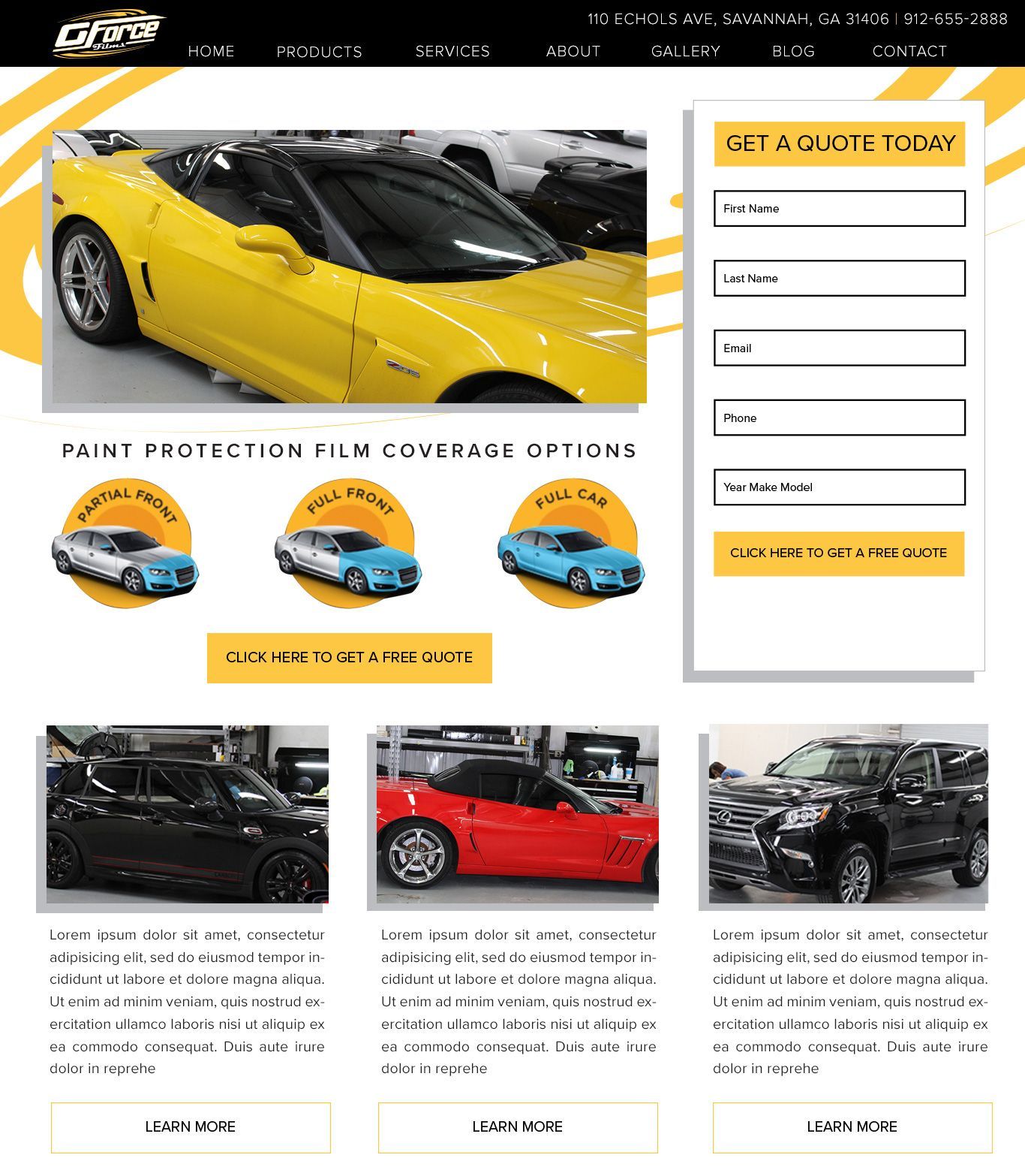 Car detailing website with yellow sports car, paint protection film options, and quote form